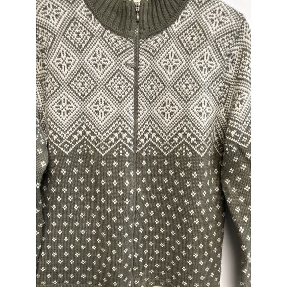 Vintage Full Zip Sweater Women Small Wool Blend Folk Nordic Fair Isle Sage Green - Picture 2 of 11